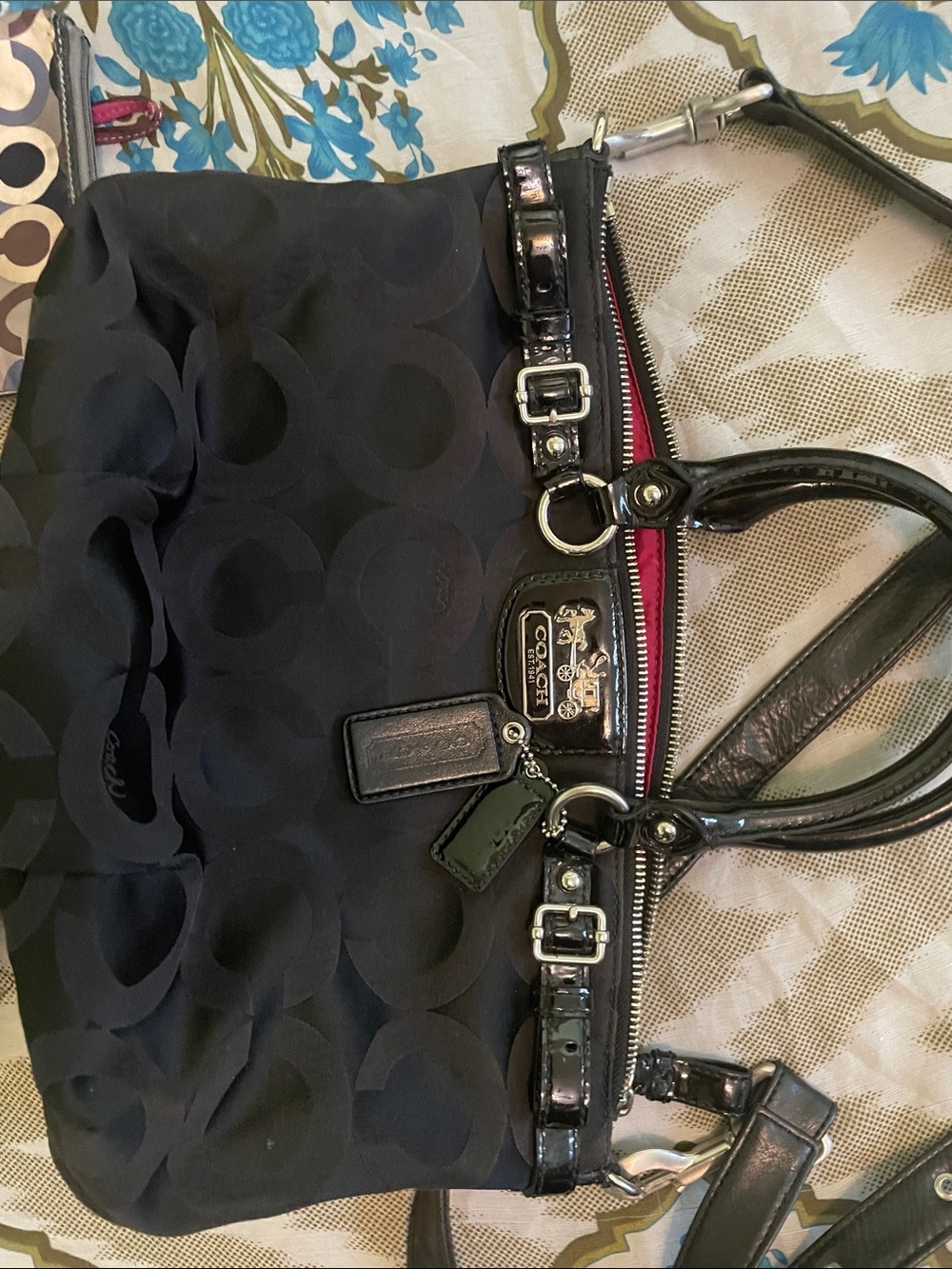Coach Black Signature Shoulder Bag with Patent Trim